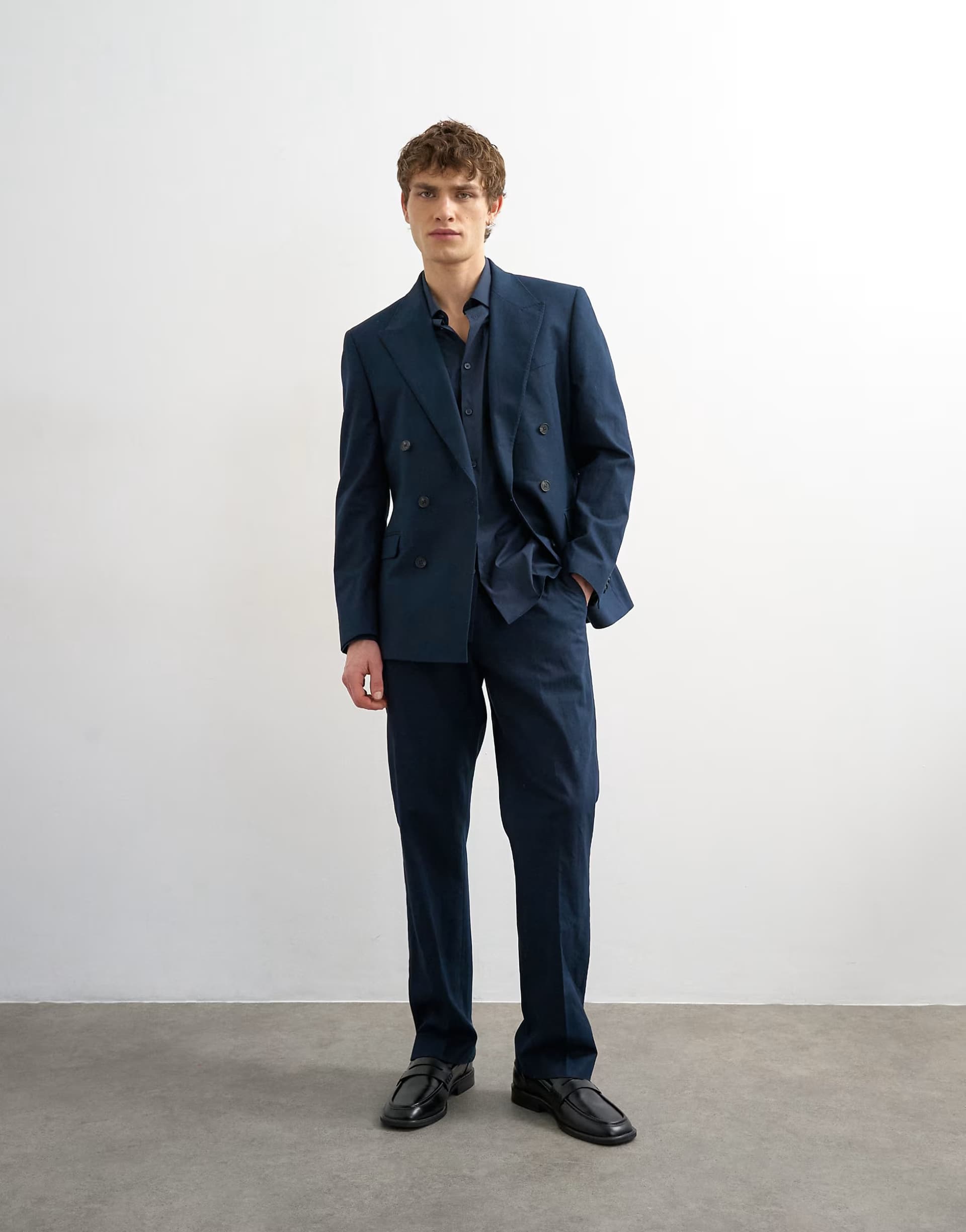 ASOS Topman straight fit linen blend trousers in navy