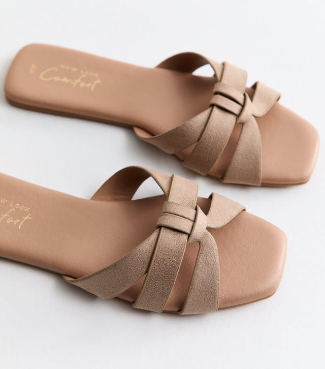 New Look Women's Light Brown Faux Leather Interwoven Strap Flat Sandals Vegan New Look - 3