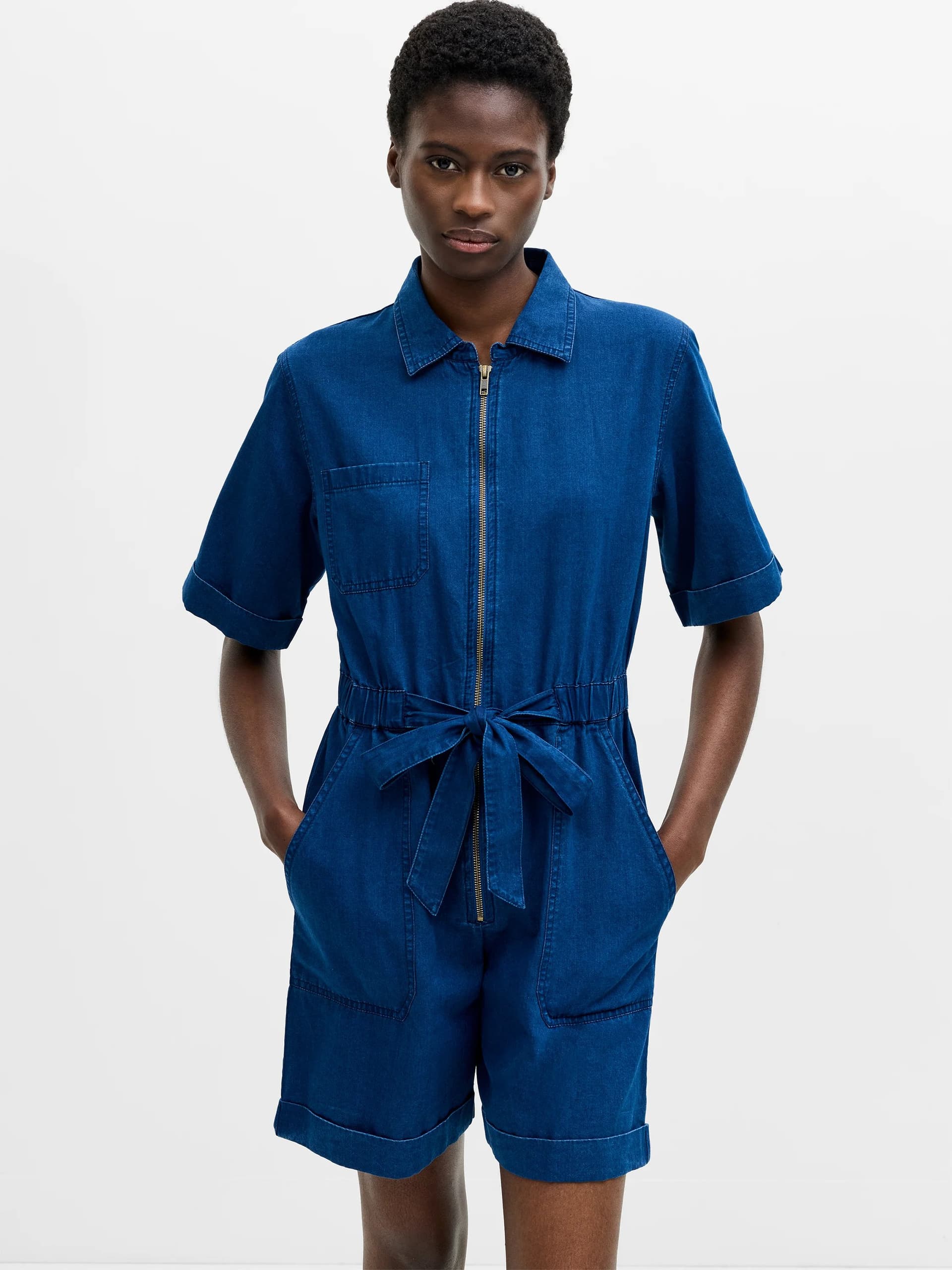 French Connection Chambray Denim Zip-Up Playsuit Mid Wash Chambray Blue