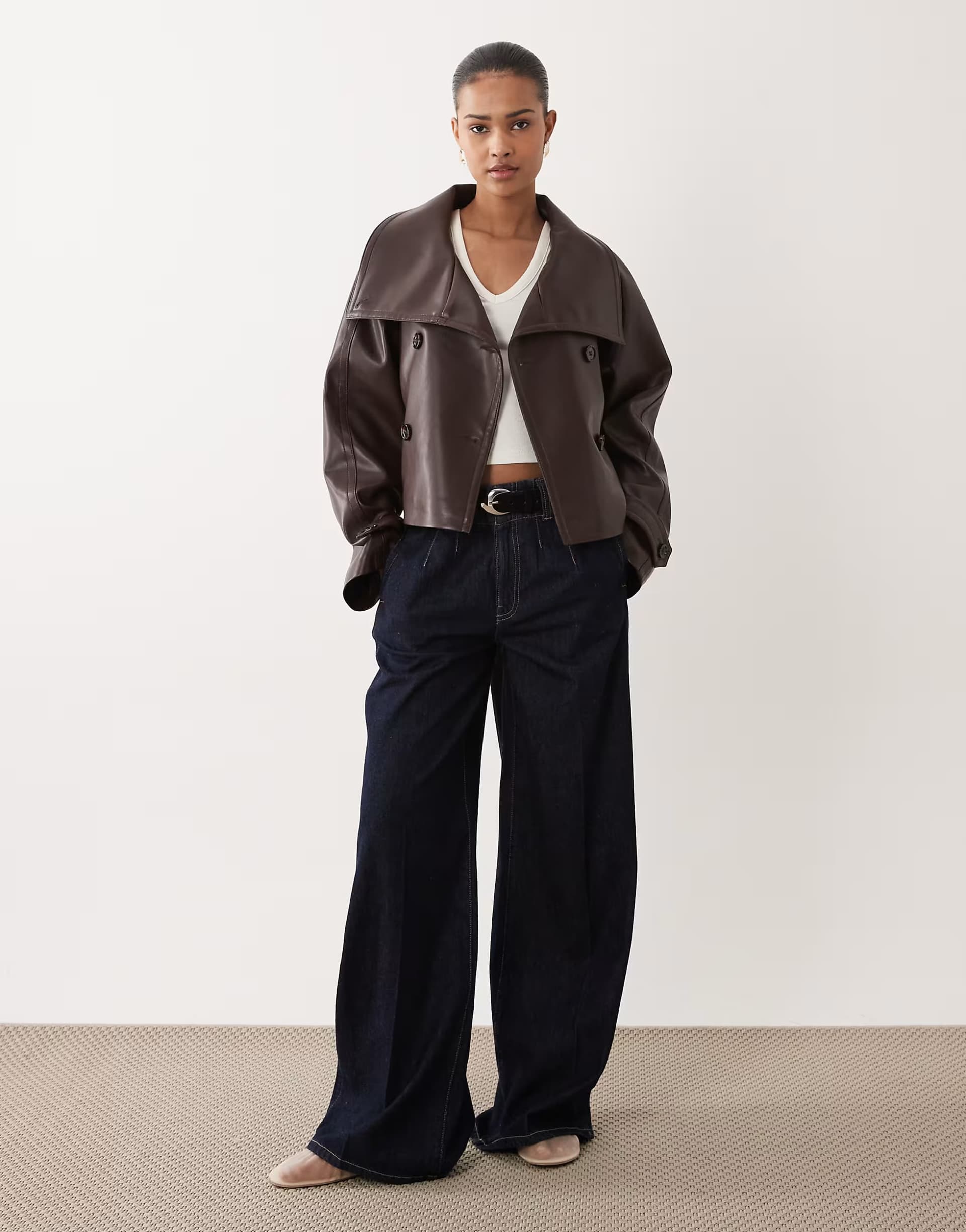 ASOS Mango faux leather funnel neck with tie waist in fig