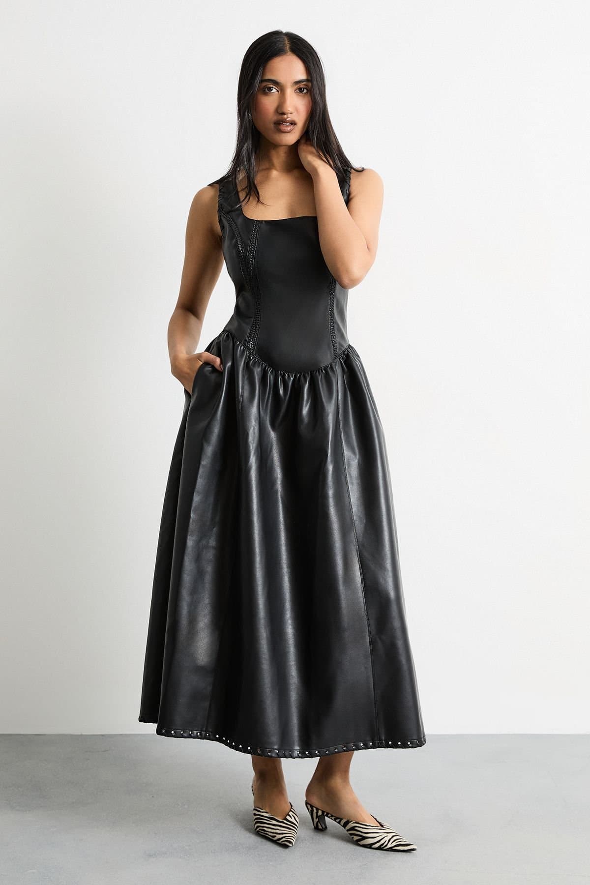 Warehouse Warehouse Women's Faux Leather Whipstitch Trim Midi Dress in Black