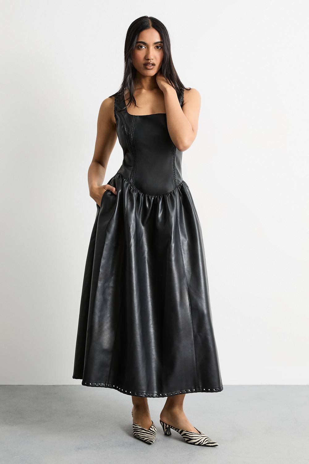 Warehouse Warehouse Women's Faux Leather Whipstitch Trim Midi Dress in Black - 2