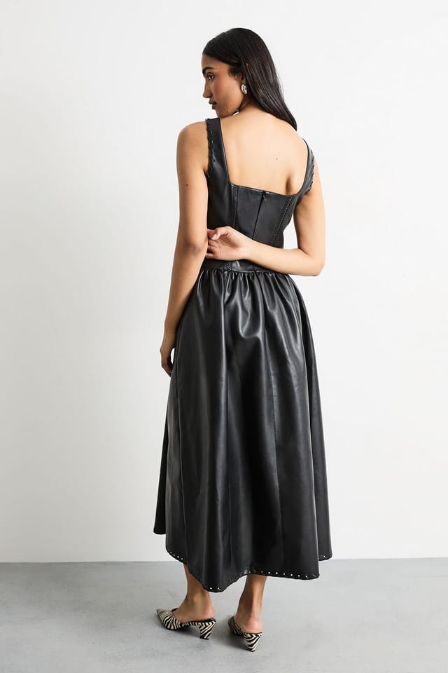 Warehouse Warehouse Women's Faux Leather Whipstitch Trim Midi Dress in Black - 3