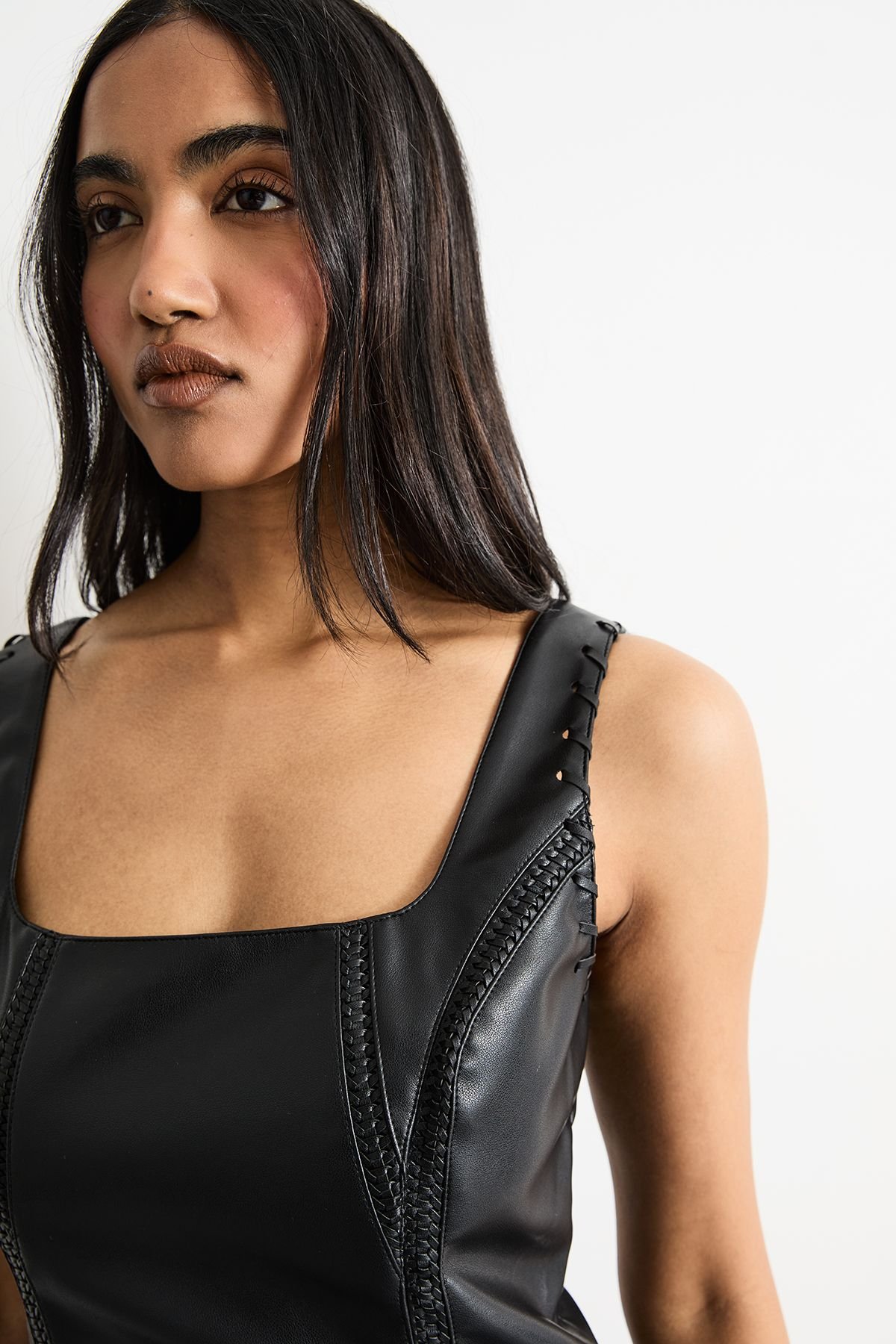 Warehouse Warehouse Women's Faux Leather Whipstitch Trim Midi Dress in Black - 4