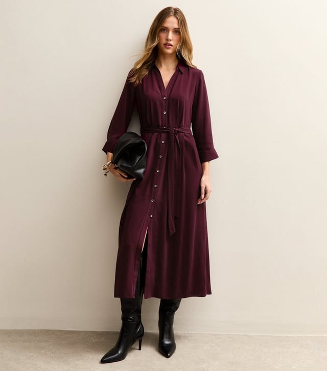 New Look Women's Dark Burgundy Long Sleeve Crepe Midi Shirt Dress New Look - 2
