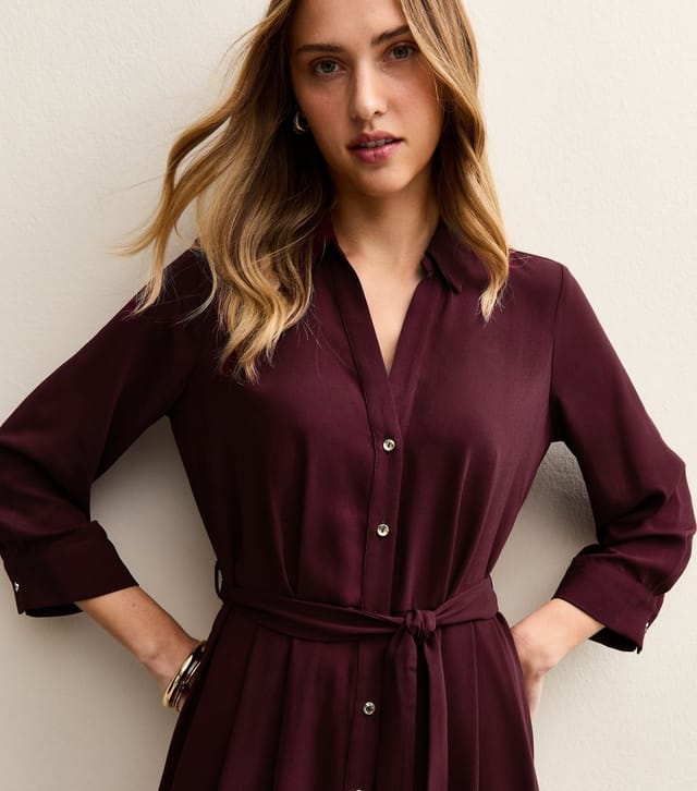 New Look Women's Dark Burgundy Long Sleeve Crepe Midi Shirt Dress New Look - 3