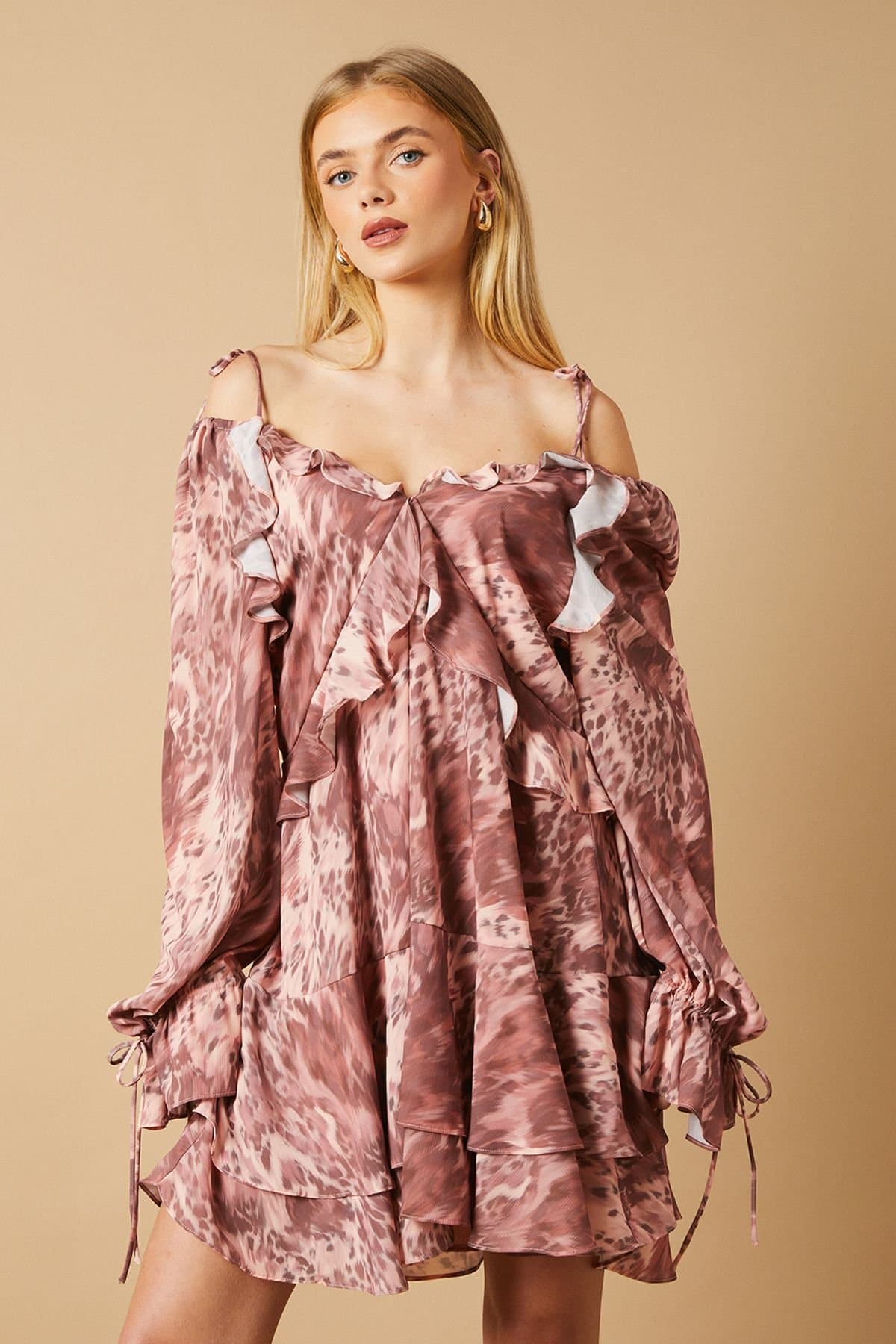 Oasis Oasis Women's Cow Printed Ruffle Detail Mini Dress