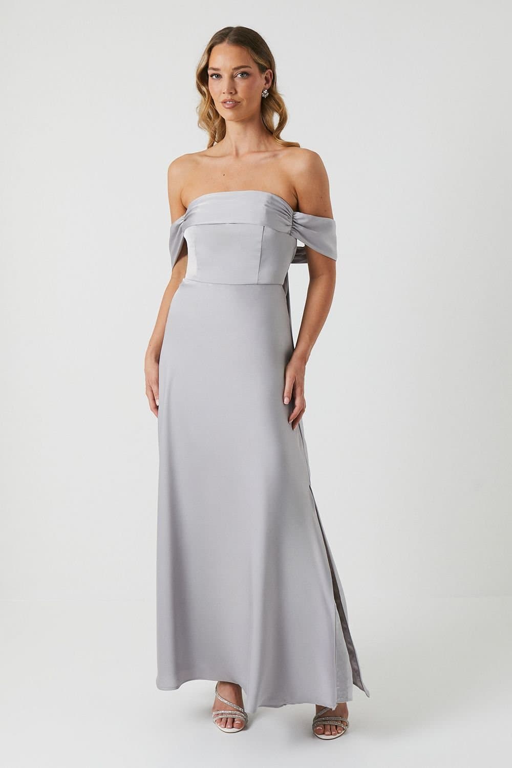 Coast Coast Women's Bandeau Cold Shoudler Satin Bridesmaid Dress in Grey Mist