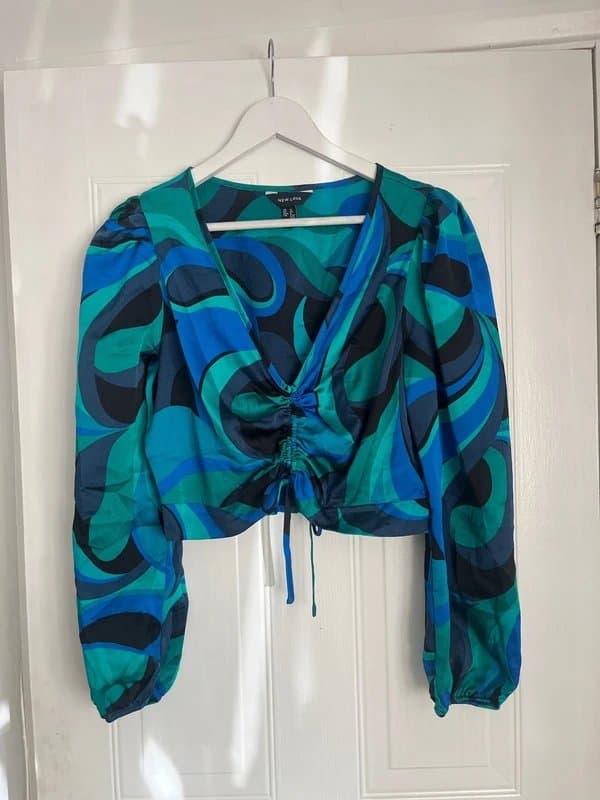 New Look Blue and green long sleep ruche top