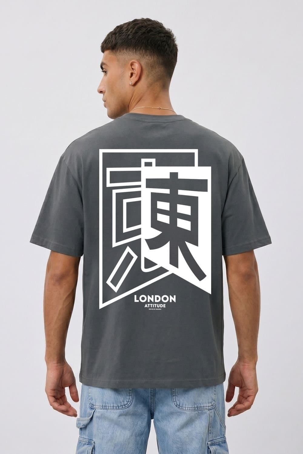 LONDON ATTITUDE LONDON ATTITUDE Men's Japanese Inspired Premium Cotton Relaxed Fit T-Shirt in Charcoal
