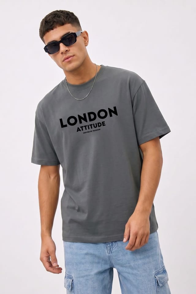 LONDON ATTITUDE LONDON ATTITUDE Men's Japanese Inspired Premium Cotton Relaxed Fit T-Shirt in Charcoal - 2