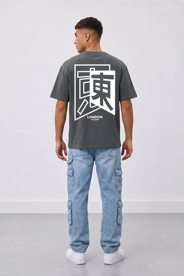 LONDON ATTITUDE LONDON ATTITUDE Men's Japanese Inspired Premium Cotton Relaxed Fit T-Shirt in Charcoal - 3