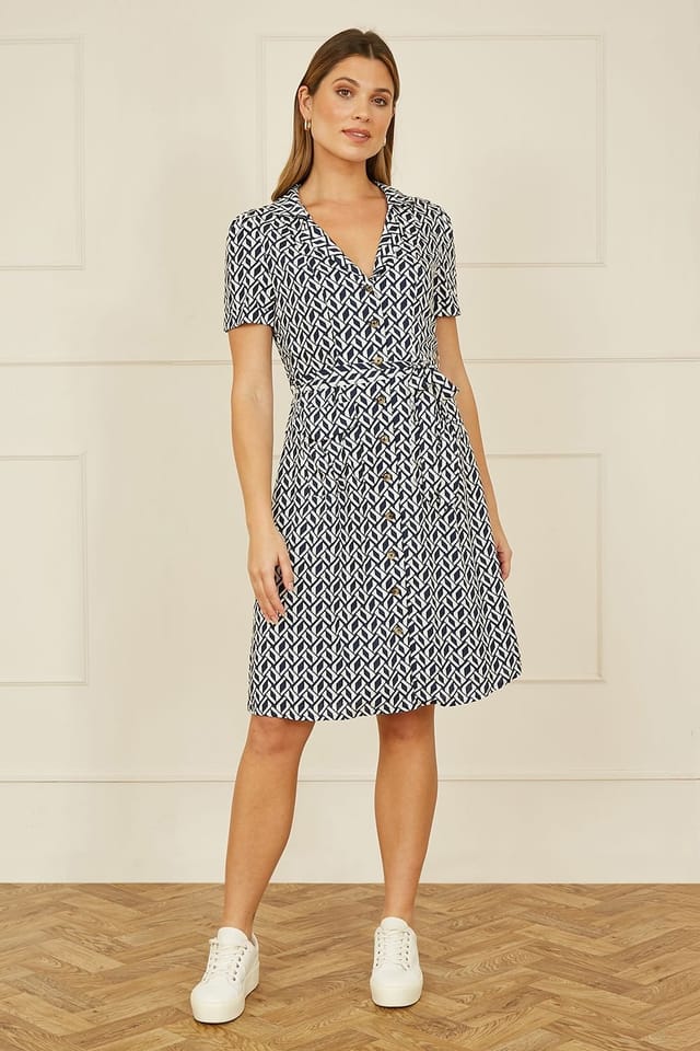 Yumi Yumi Women's Navy Geo Print Retro Style Shirt Dress - 2