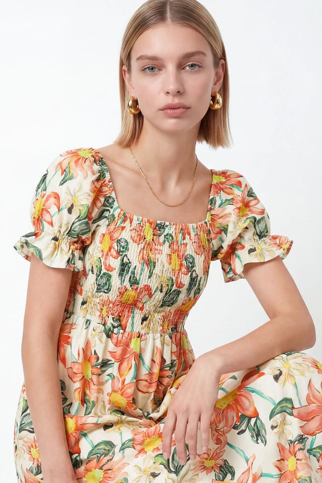 Lovedrobe Lovedrobe Women's Floral Print Short Sleeve Shirred Midaxi Dress - 3
