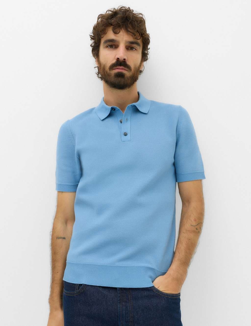 Marks & Spencer M&S Cotton Rich Regular Fit Knitted Polo Shirt Soft Blue