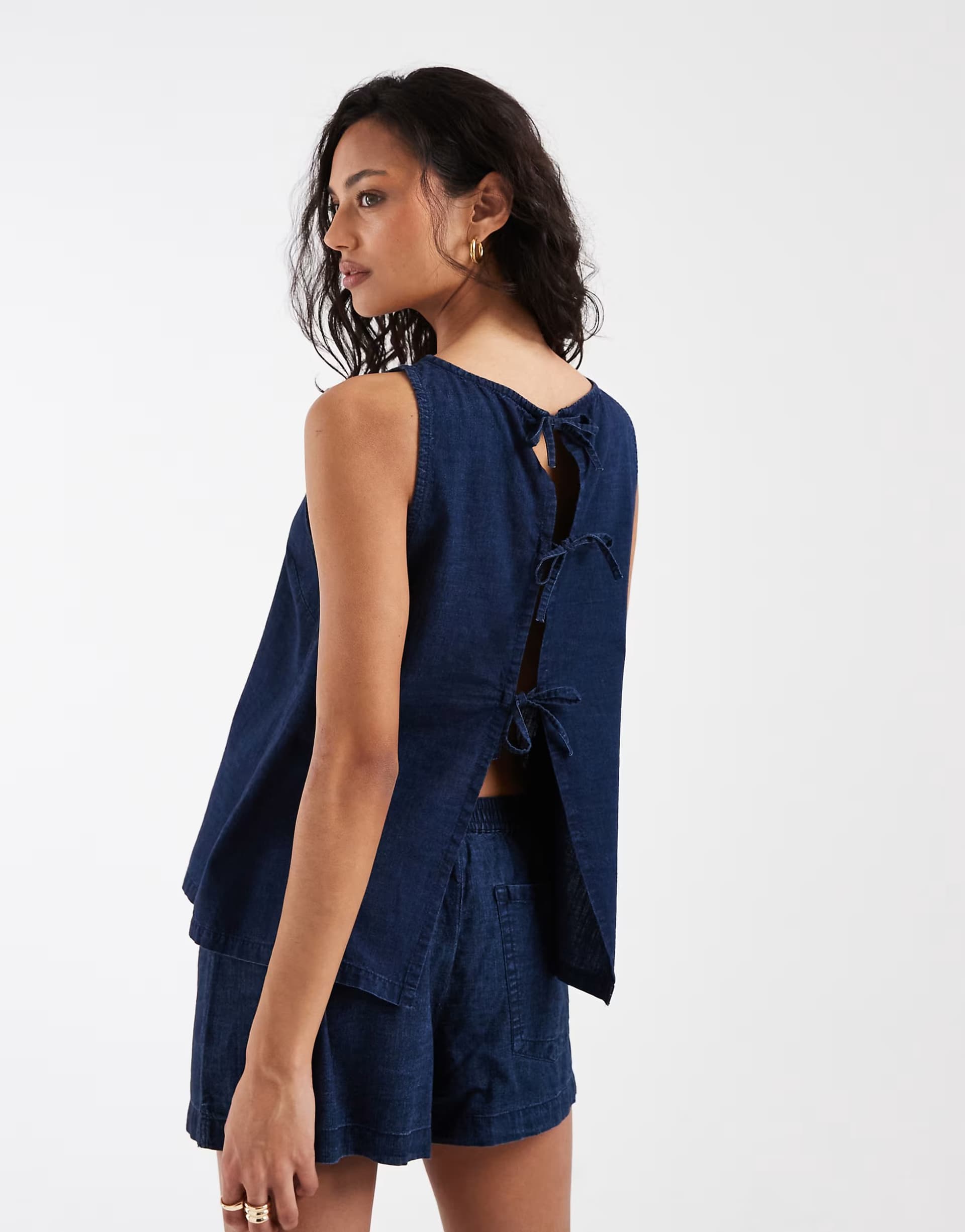 ASOS ASOS DESIGN denim tie back shell top co-ord in inky wash