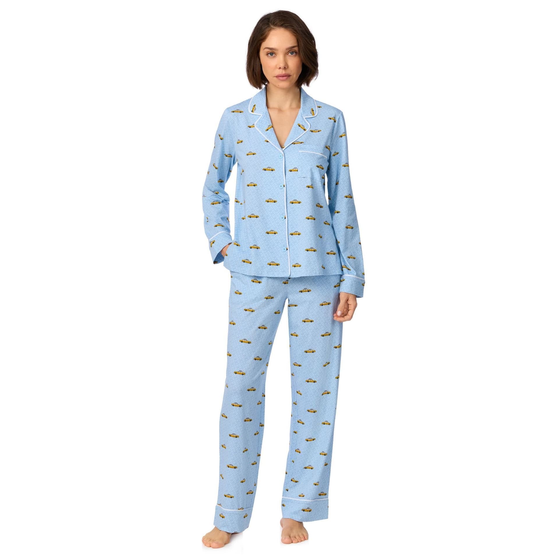 DKNY DKNY Women's Long Sleeve Notch Top & Pant Sleep Set in Hudson Blue Taxi in Light Blue