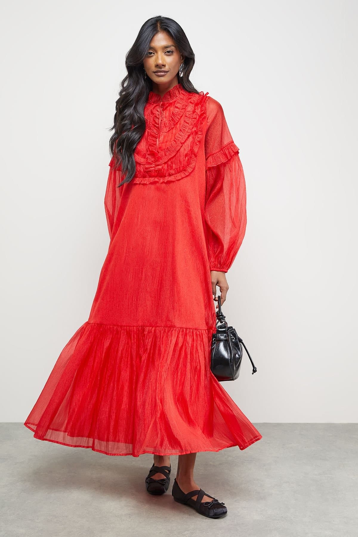 Warehouse Warehouse Women's Premium Crinkle Stripe Organza Frill Pleat Detail Midi Dress in Red