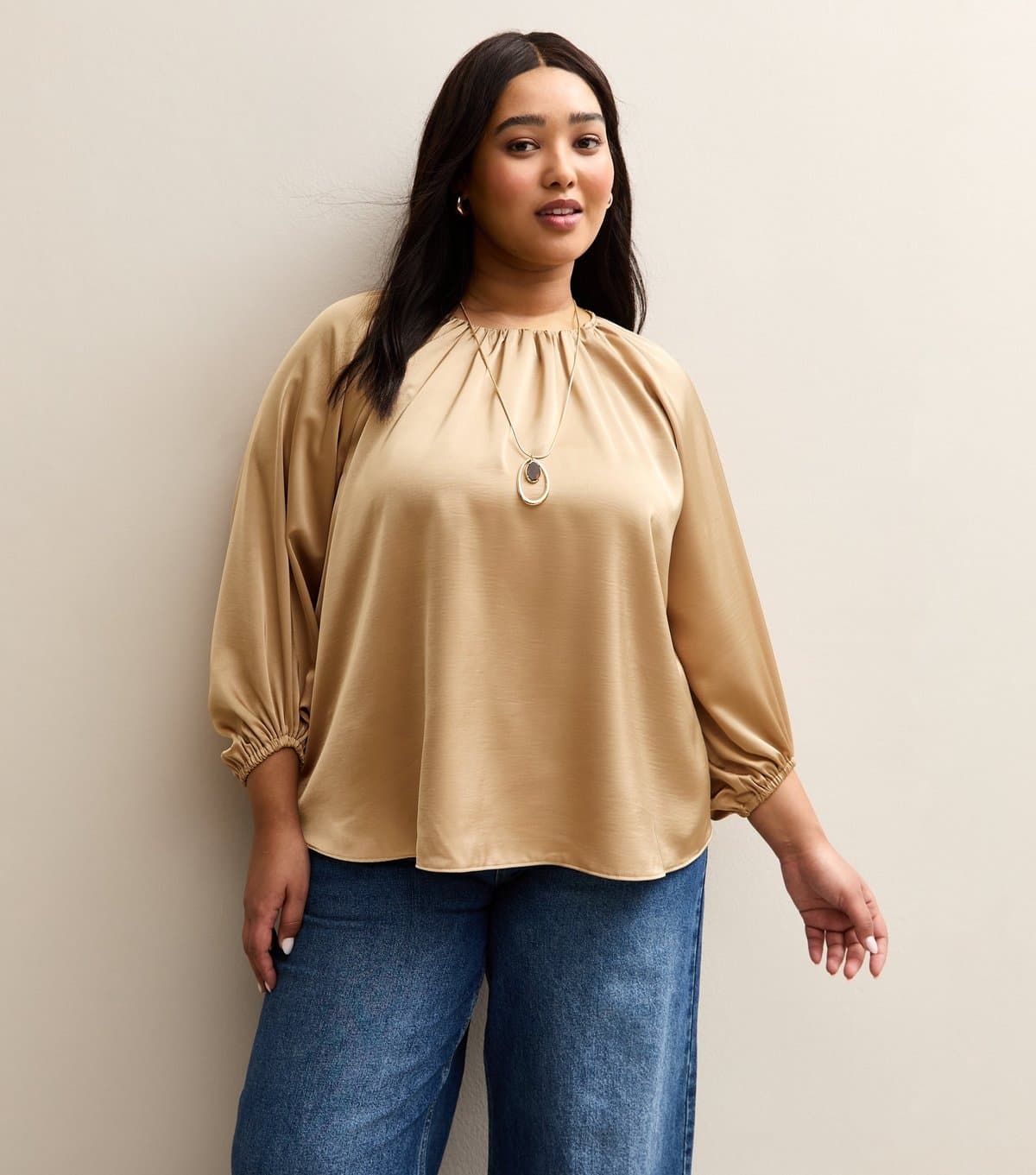 New Look Women's Plus Size Gold Satin Crew Neck Blouse Curves New Look