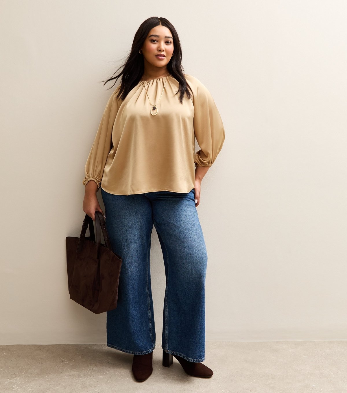 New Look Women's Plus Size Gold Satin Crew Neck Blouse Curves New Look - 3
