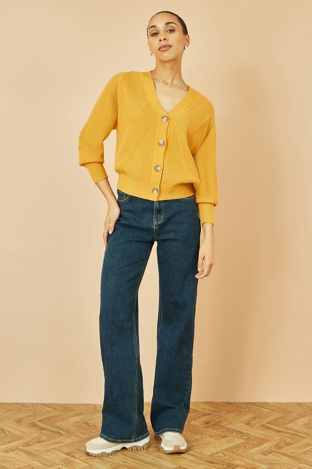 Yumi Yumi Women's Mustard Relaxed Fit Cardigan With Stitch Detail