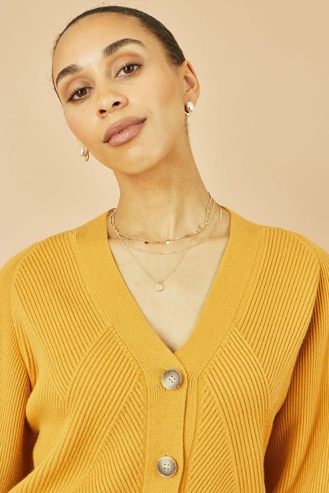 Yumi Yumi Women's Mustard Relaxed Fit Cardigan With Stitch Detail - 2