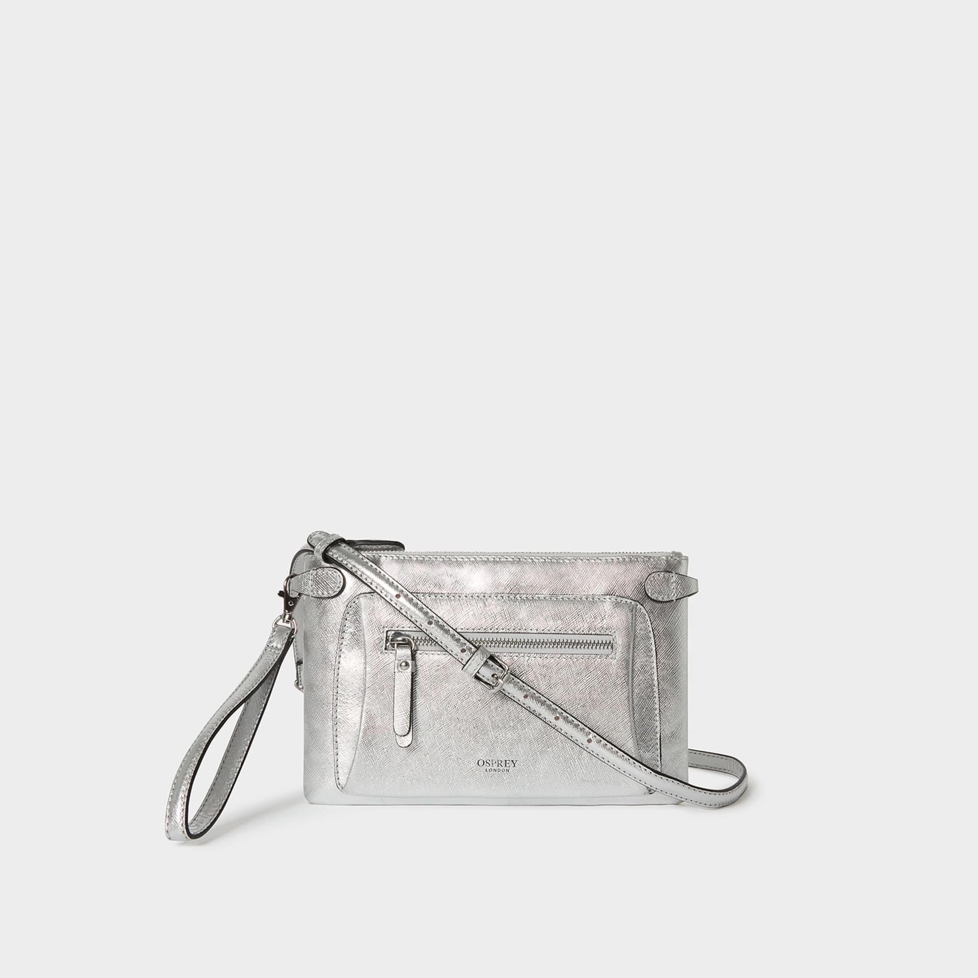 OSPREY LONDON Osprey London Ruby Leather Crossbody Clutch in Metallic Silver