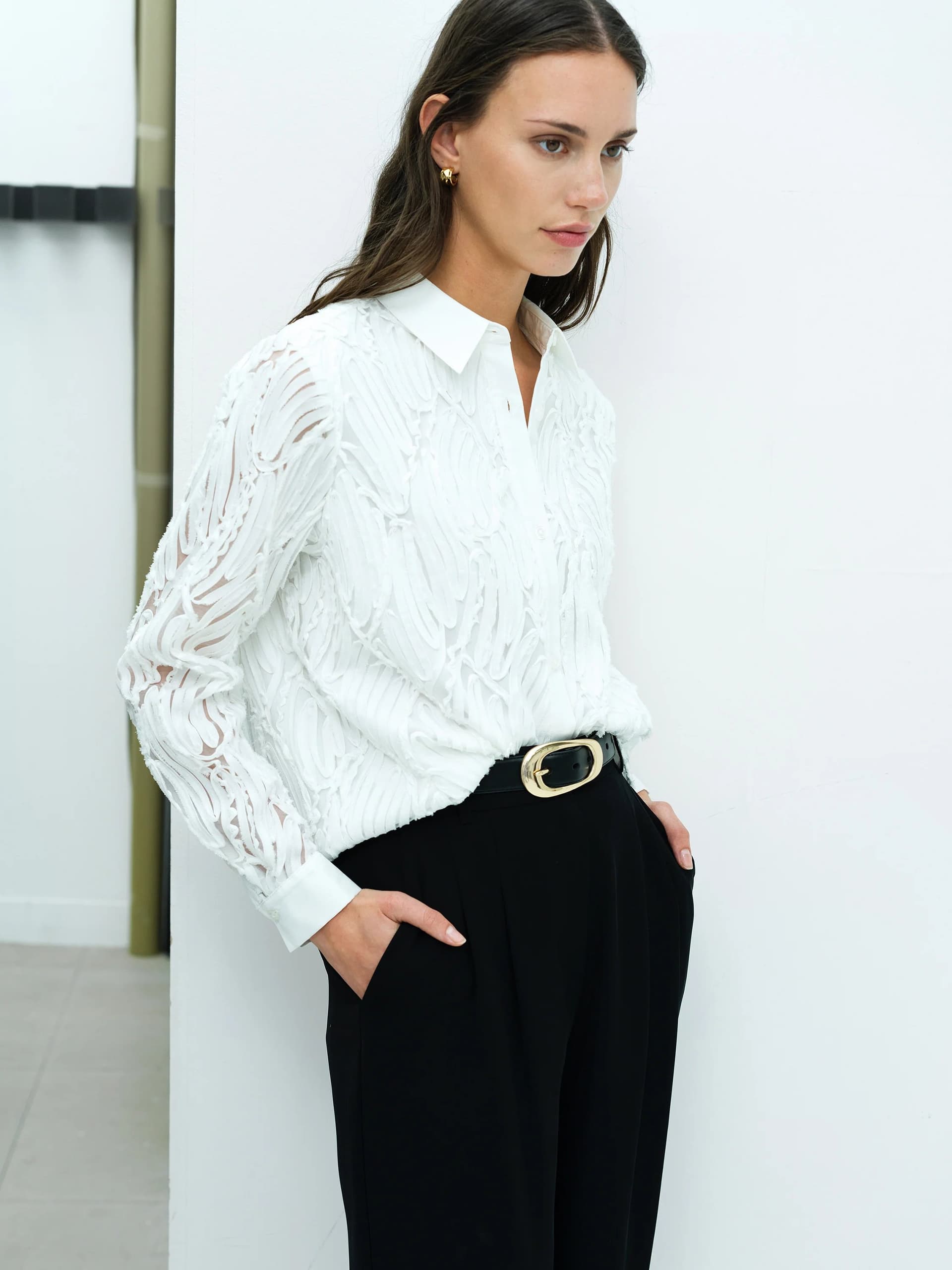 French Connection Margot White 3D Textured Long Sleeve Shirt Winter White