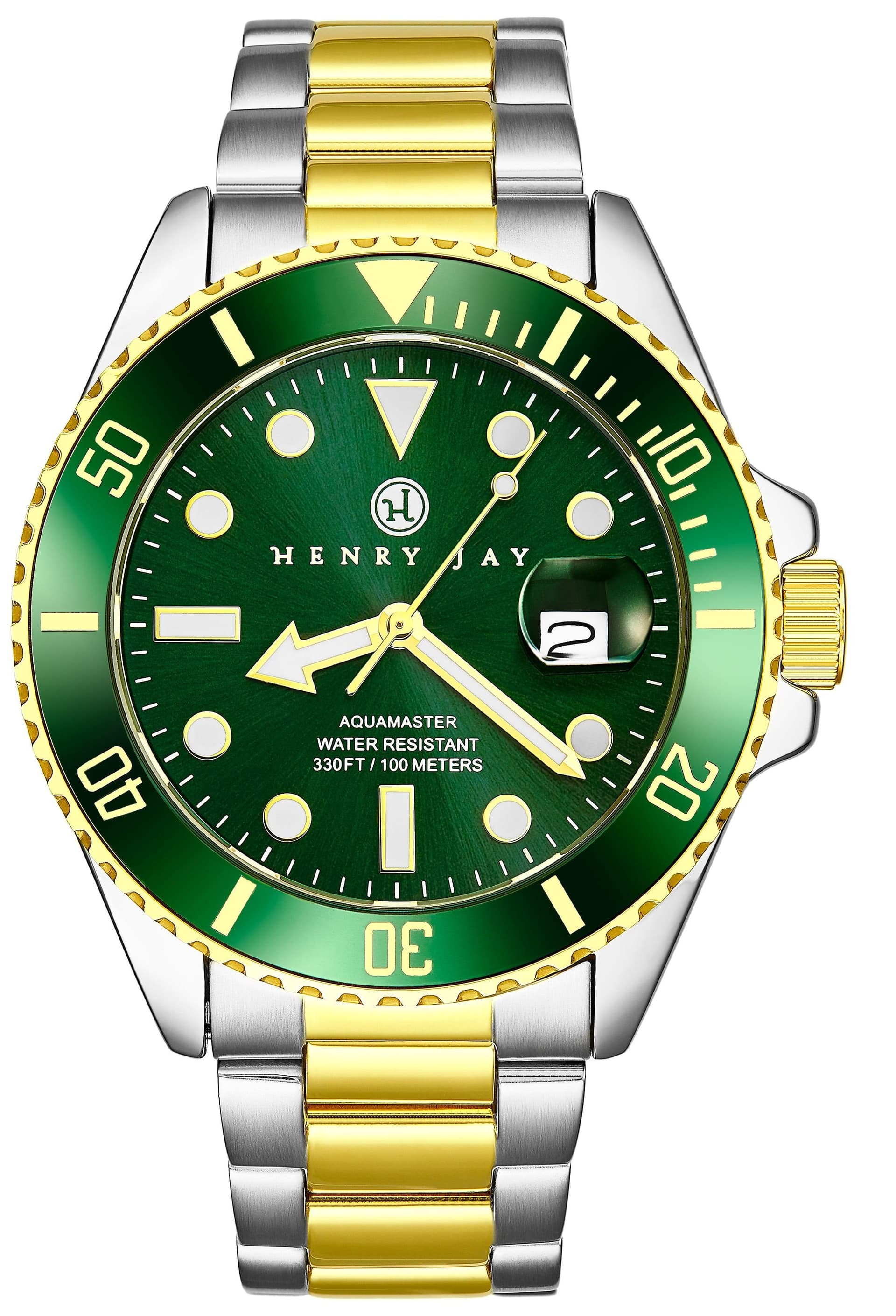 Henry Jay Henry Jay Men's Analog Quartz 23K Gold Plated Two Tone Stainless Steel Aquamaster Dive Watch in Green