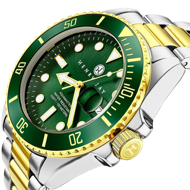 Henry Jay Henry Jay Men's Analog Quartz 23K Gold Plated Two Tone Stainless Steel Aquamaster Dive Watch in Green - 2