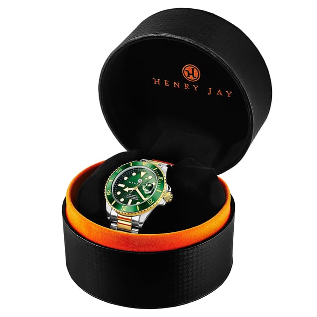 Henry Jay Henry Jay Men's Analog Quartz 23K Gold Plated Two Tone Stainless Steel Aquamaster Dive Watch in Green - 3
