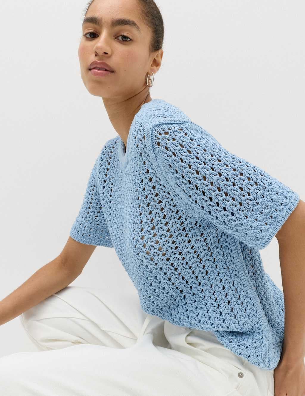 Marks & Spencer M&S Cotton Blend Textured Knitted Top Faded Blue