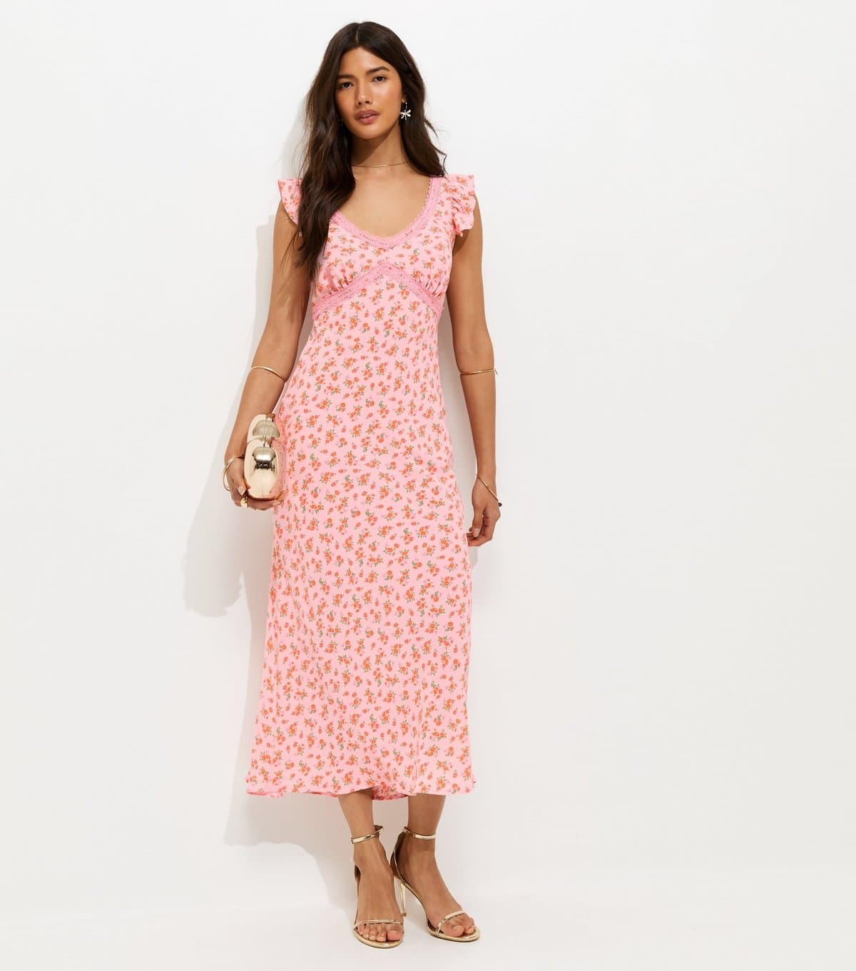 New Look Women's Pink Floral Print Lace Trim Midi Dress New Look
