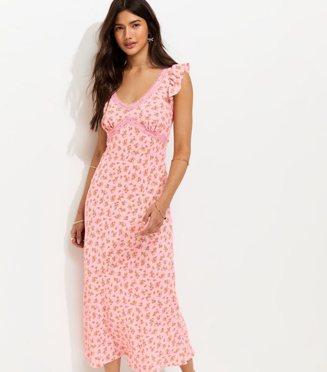 New Look Women's Pink Floral Print Lace Trim Midi Dress New Look - 3