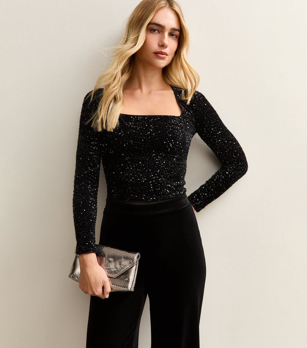 New Look Women's Black Sequin Square Neck Bodysuit New Look