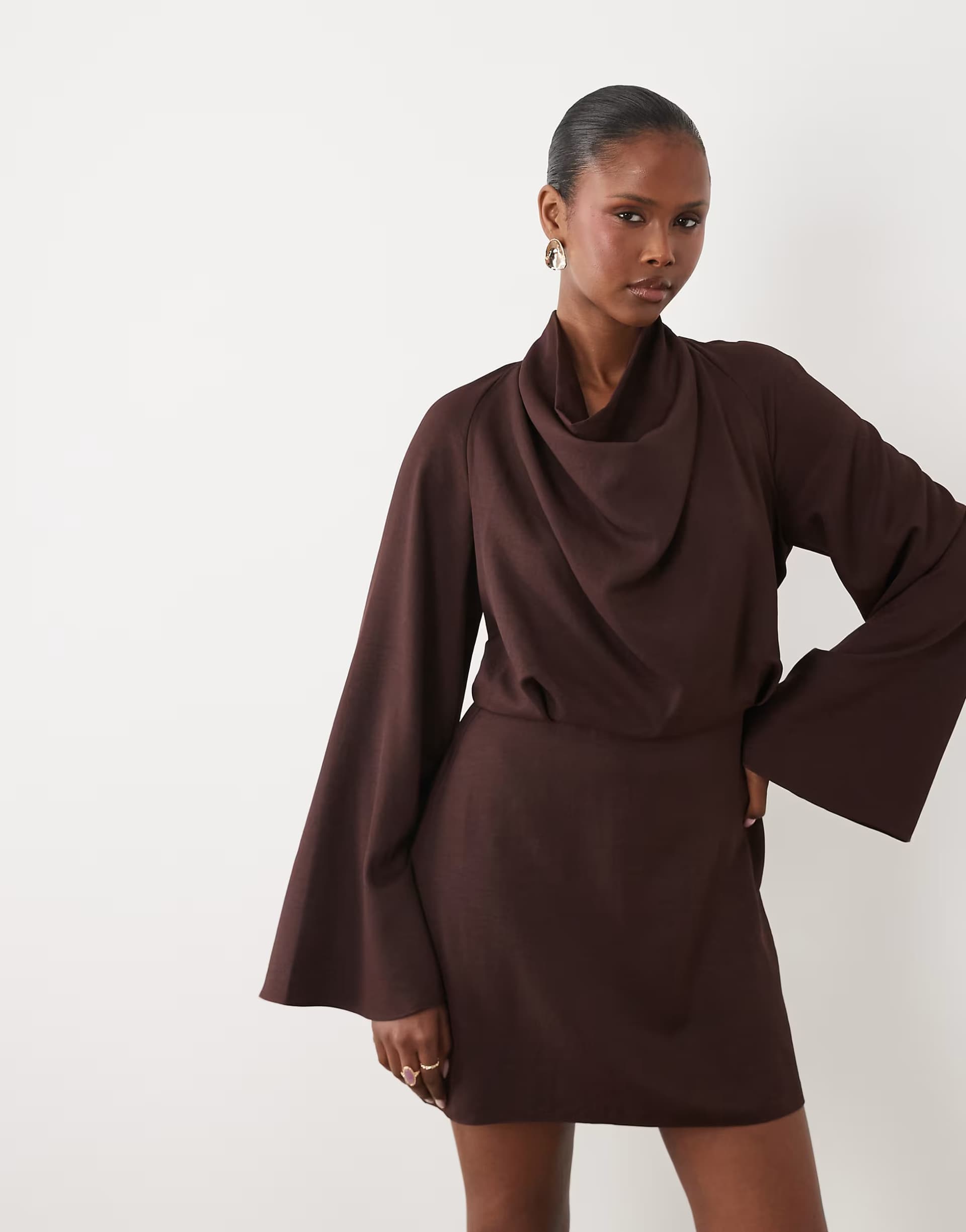 ASOS ASOS DESIGN cowl neck long sleeve mini dress in chocolate