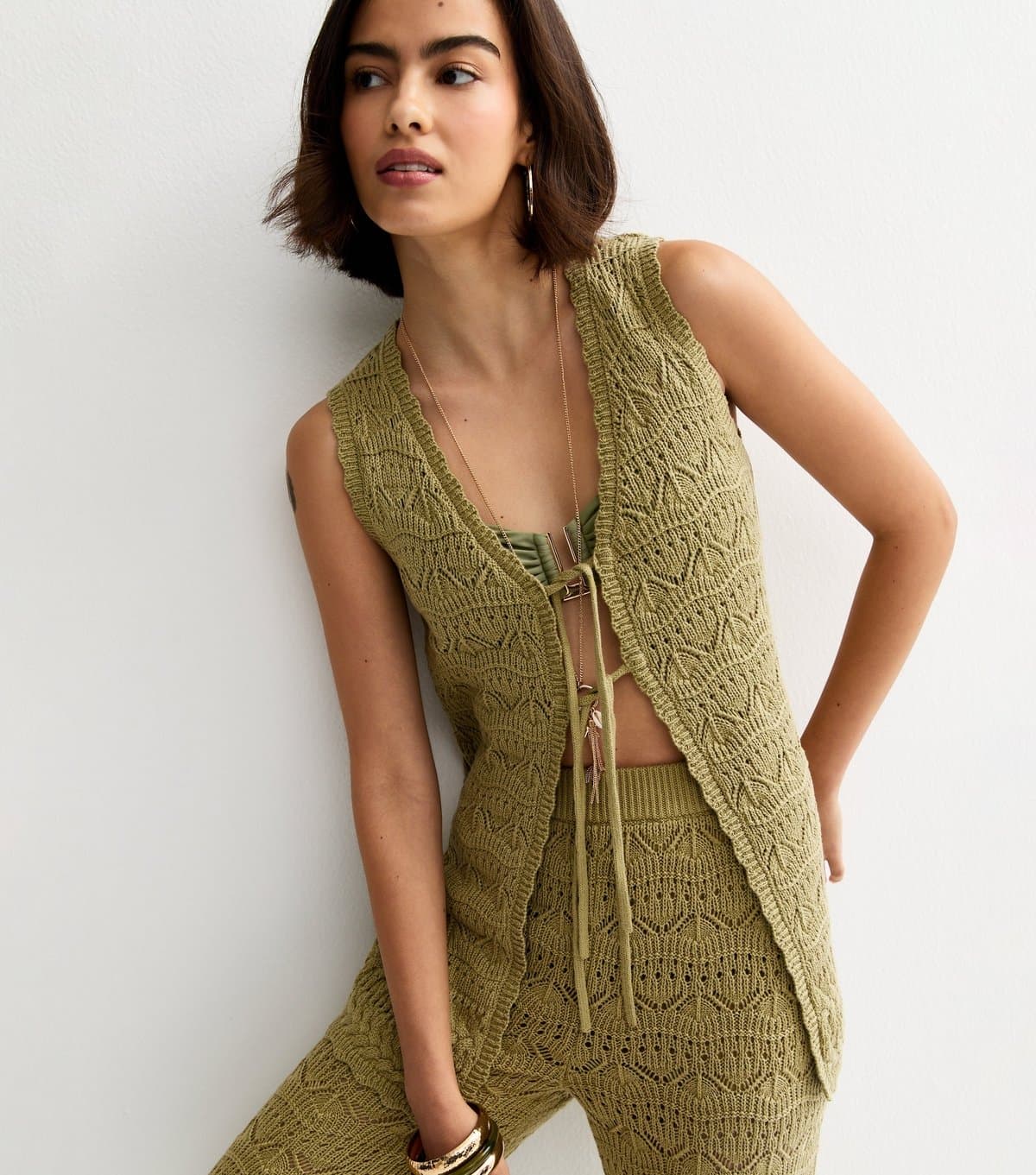 New Look Women's Khaki Cotton Rich Wave Stitch Longline Tie Front Waistcoat New Look