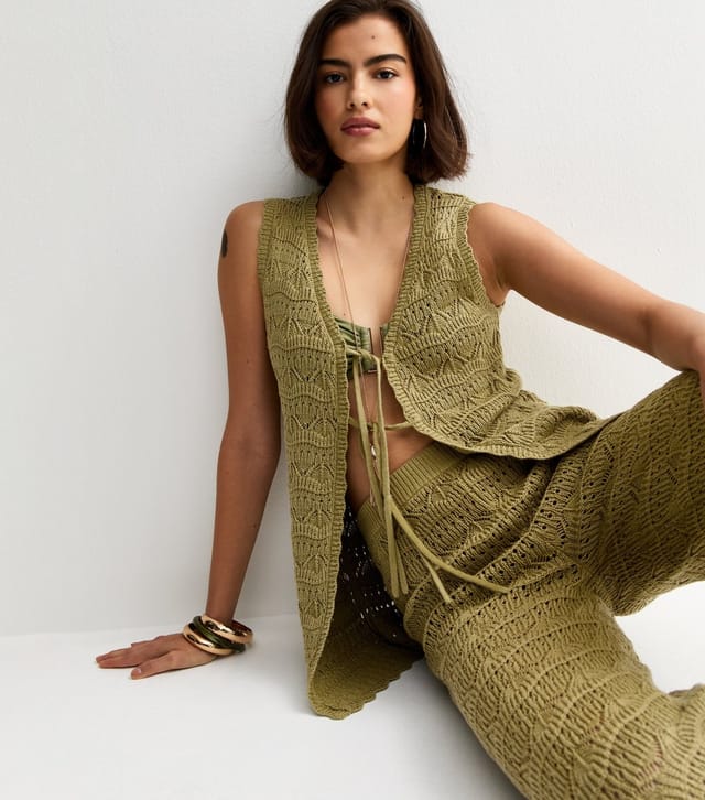 New Look Women's Khaki Cotton Rich Wave Stitch Longline Tie Front Waistcoat New Look - 3