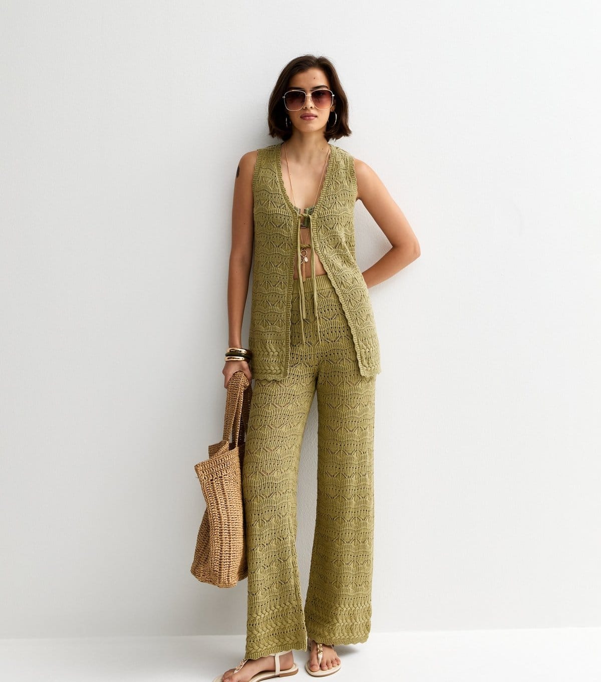 New Look Women's Khaki Cotton Rich Wave Stitch Longline Tie Front Waistcoat New Look - 4