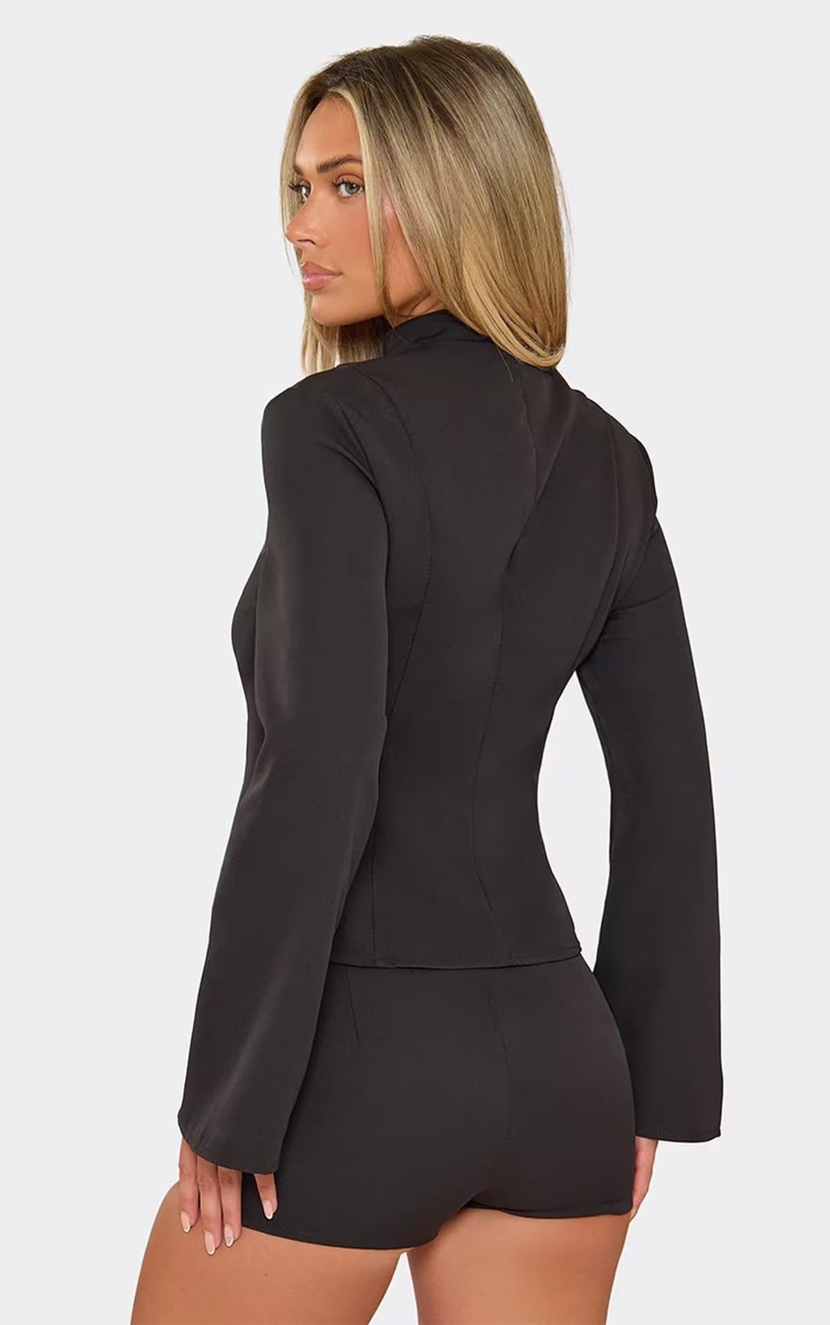 EGO Long Sleeve Trim Detail Split Hem Tailored Top In Black, Women's Size UK 6