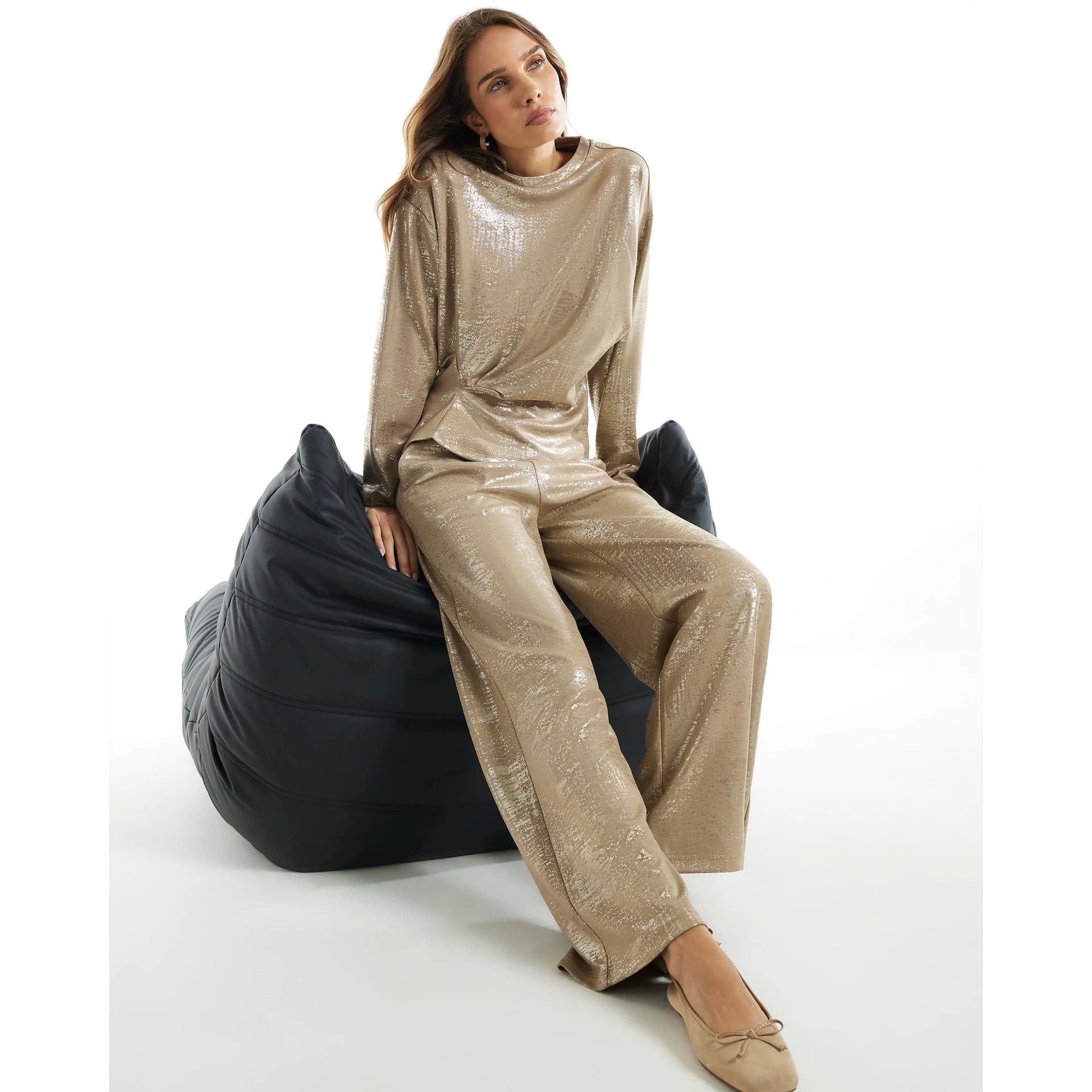 River Island River Island Womens Brown Premium Metallic Wide Leg Joggers