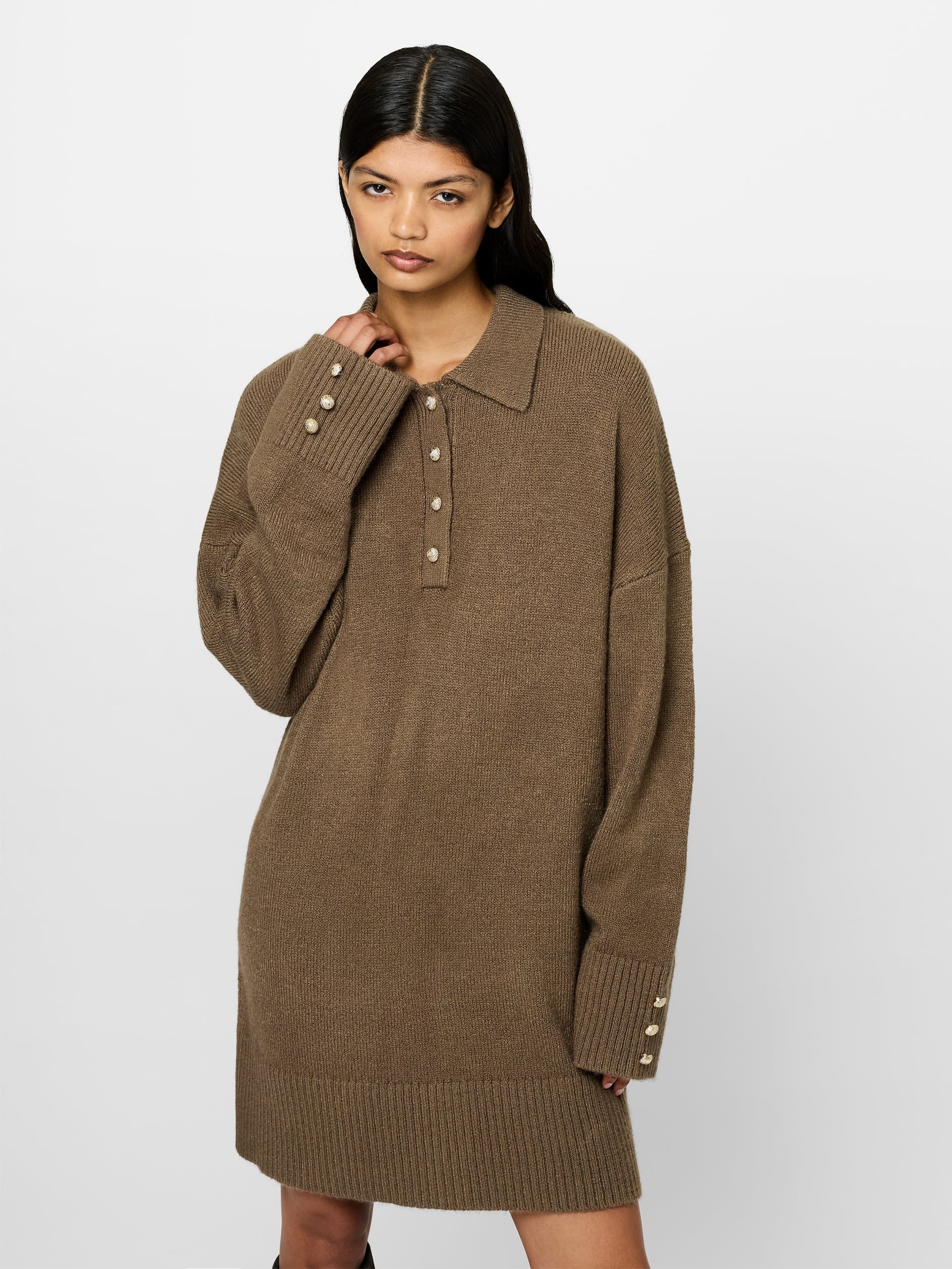 French Connection Larisa Brown Knit Polo Mini Dress Mink Brown