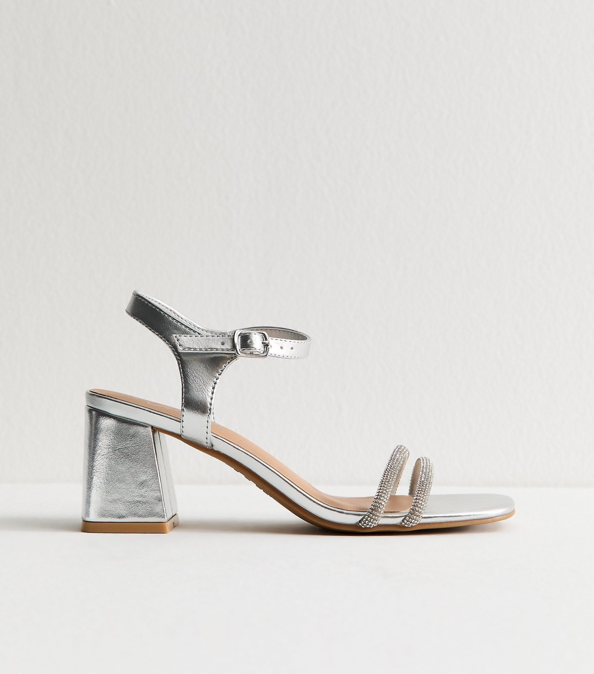 New Look Women's Silver Faux Leather Embellished Block Heel Sandals Vegan New Look - 2