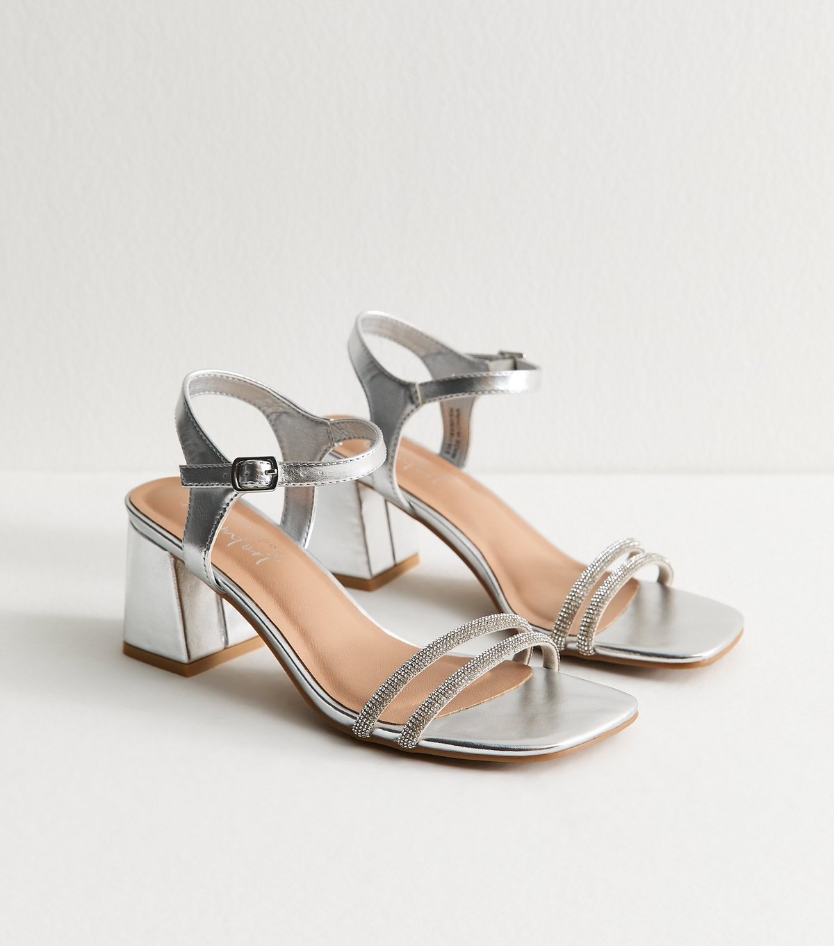 New Look Women's Silver Faux Leather Embellished Block Heel Sandals Vegan New Look - 3