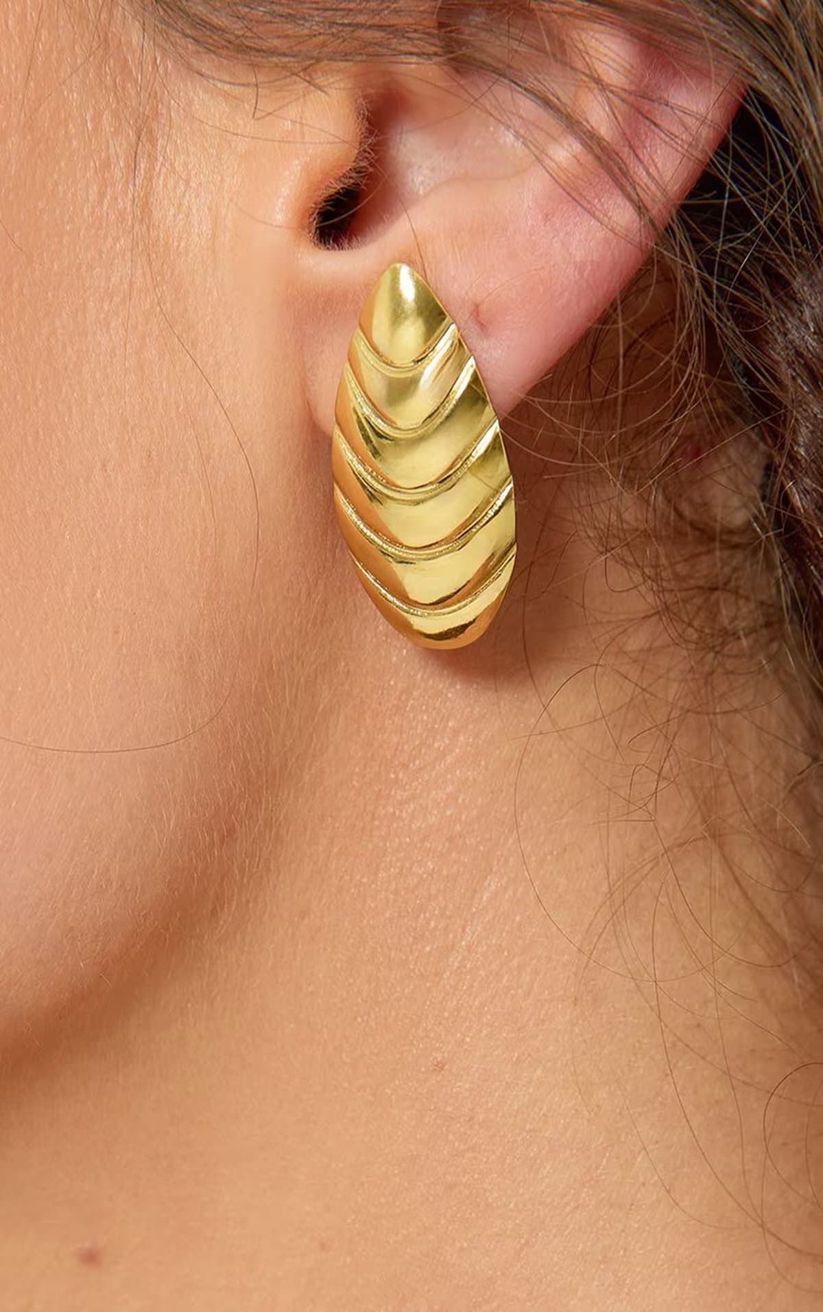EGO Ribbed Detail Leaf Shape Stud Earrings In Gold, Women's Size UK 0