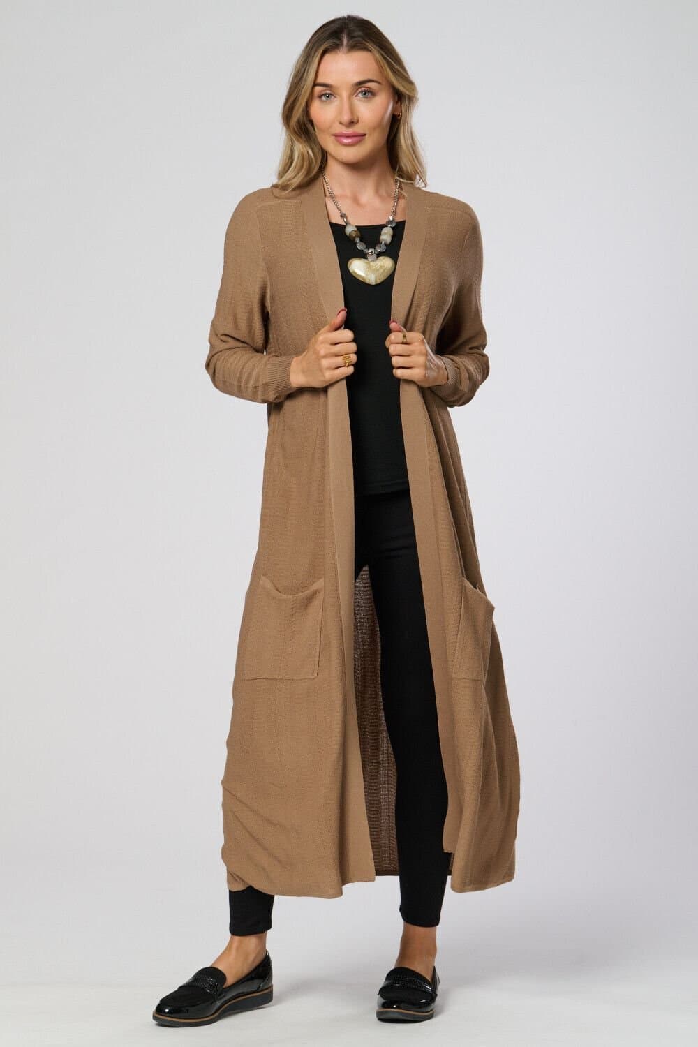 SALOOS Saloos Women's Longline Open-Front Cardigan in Taupe