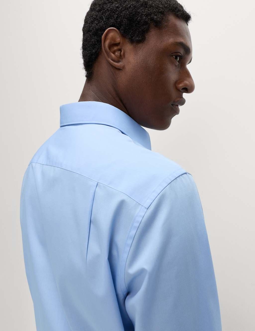 Marks & Spencer M&S Regular Fit 2 Inch Shorter Cotton Blend Shirt Mid Blue