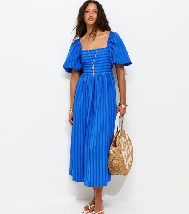 New Look Women's Bright Blue Puff Sleeve Striped Midi Dress New Look - 2