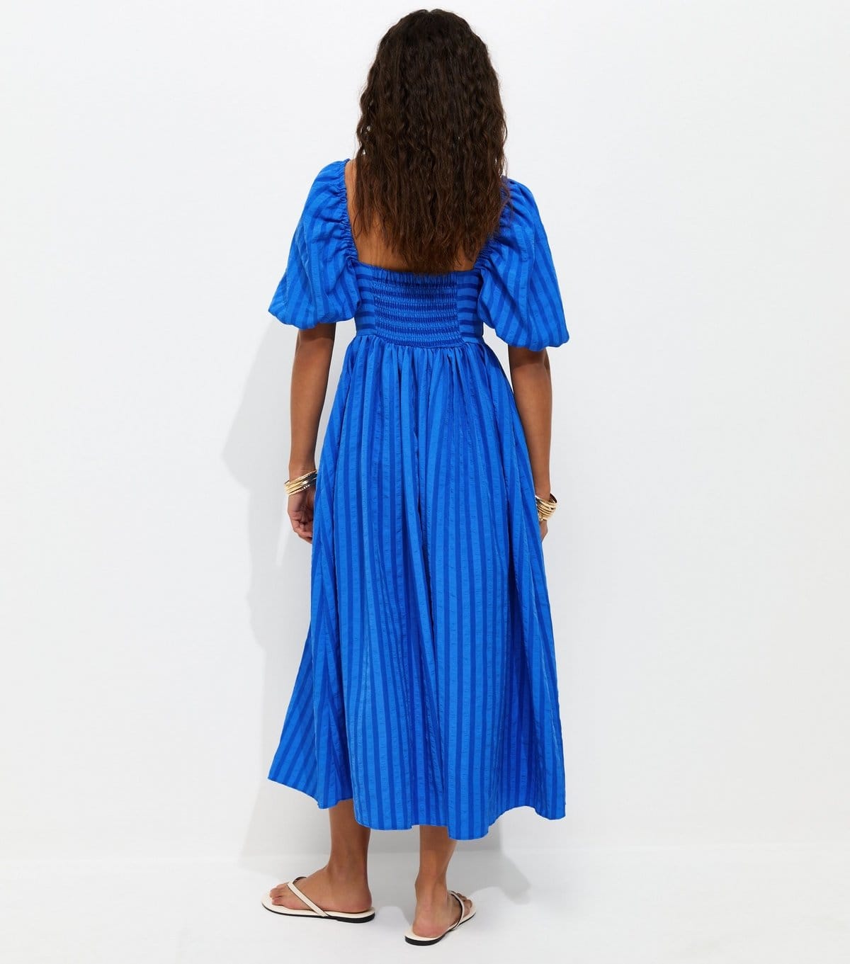 New Look Women's Bright Blue Puff Sleeve Striped Midi Dress New Look - 4