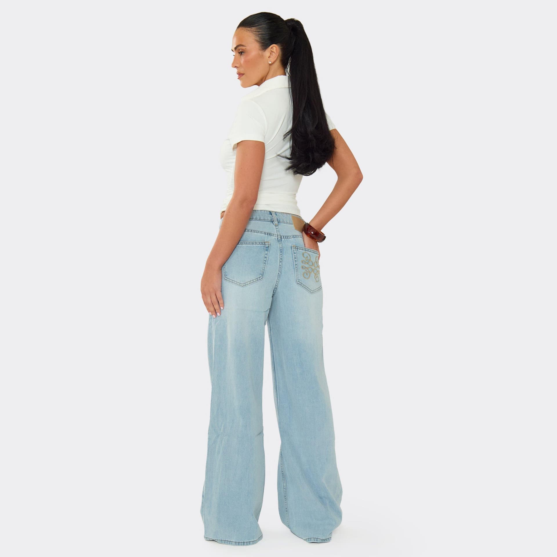 EGO Mid Rise Embroidered Pocket Detail Straight Leg Jeans In Light Blue Denim, Women's Size UK L